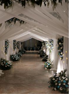 Aisle runners and floral arrangements